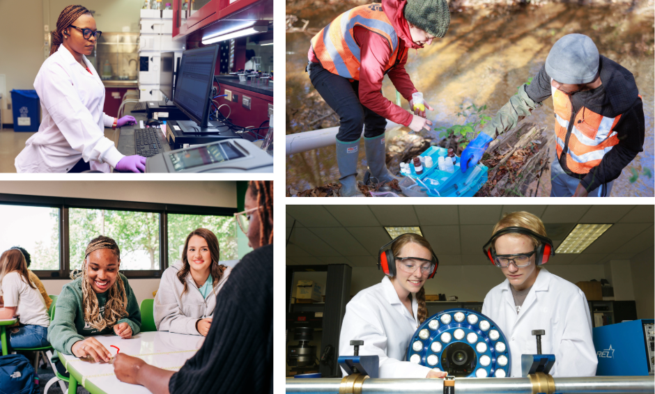 A collage of students from each campus studing and working on experiments within the lab