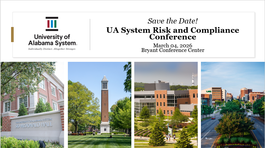 Save the Date card for the Risk and Compliance conference depicting the three campuses and the hospital. Details are listed below.